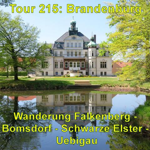 Schloß Uebigau mit mehreren Etagen und einem Turm, umgeben von einem gepflegten Garten. Es spiegelt sich in einem Teich vor dem Gebäude. Bäume und ein klarer blauer Himmel runden das Bild ab.