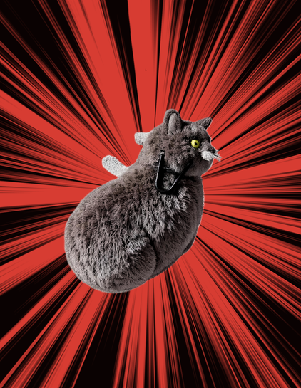 First
Once again, we see Rīx, the black kitten from the first photograph, inadvertently transformed by an AI feature in a mobile Photoshop app while the user tried to fix his blurry, malformed left eye. In this transformed state, Rīx appears as a plush, round, grey, cat-shaped figure with small, stiff, light-grey wings, prominent yellow eyes, and a coathanger jutting out like a black V-shaped handle from his front. This depiction makes Rīx seem to float or leap mid-air against a dramatic background of sharp red and black lines radiating outward from a central point. It creates a strong visual effect of speed and impact reminiscent of a comic book action sequence for the transformed cat.

Second:
Witness the unexpected digital metamorphosis of Rīx, the black cat you met earlier! Thanks to an errant button press while his hooman attempted eye correction in mobile Photoshop, an AI hilariously reimagined Rīx as a plush, grey, winged adventurer. In one frame of his new life, this transformed Rīx—now a soft, portly, cat-shaped bag with tiny wings and startled yellow eyes—is thrust, "KA-POW!", into a dynamic vortex of red and black comic-book speed lines. Is this furry protagonist experiencing a high-octane escape or a dramatic arrival? It's a testament to how a quest to fix one little eye can catapult a beloved pet into a brand-new illustrated dimension! Some clients may like this to inspire our next story!