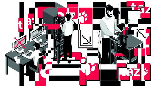 Illustration Männer im Rechnerraum und an PCs Arbeitsplätzen