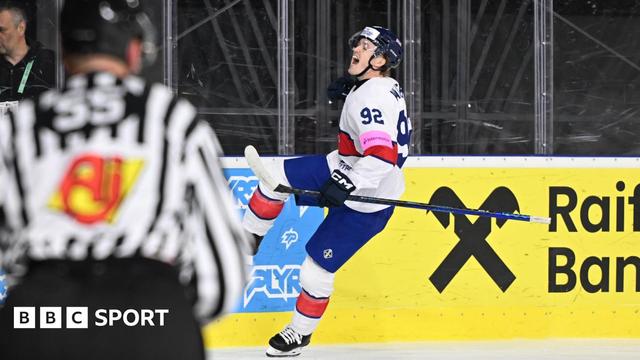 Josh Waller celebrates a goal for Great Britain ice hockey
