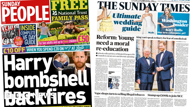 The headline in the Sunday People reads: Harry bombshell backfire and the headline in the Sunday Times reads: Reform: Young need a moral re-education