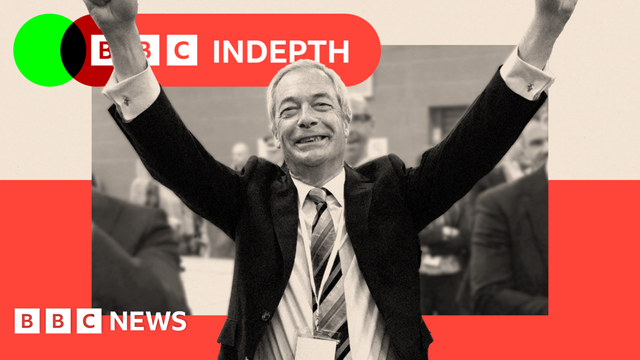 A treated image of Nigel Farage with his arms raised
