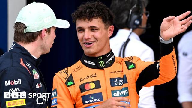 Lando Norris smiles and gestures with his left hand while talking to Max Verstappen after Miami Grand Prix qualifying