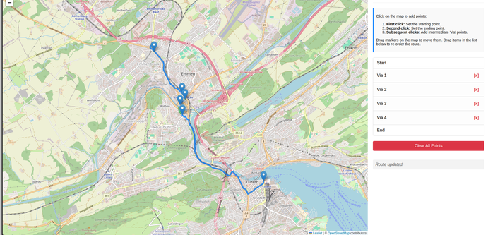 Demonstration image showing 5 nodes representing a bus route.