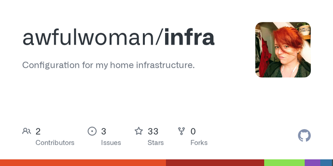 Configuration for my home infrastructure. Contribute to awfulwoman/infra development by creating an account on GitHub.