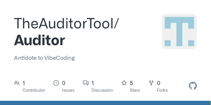 Antidote to VibeCoding. Contribute to TheAuditorTool/Auditor development by creating an account on GitHub. Antidote to VibeCoding. Contribute to TheAuditorTool/Auditor development by creating an account on GitHub.