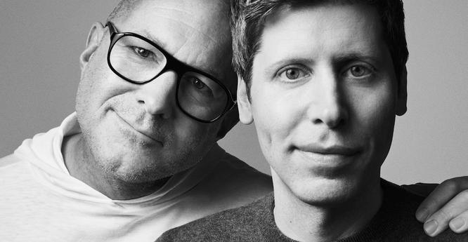 Jony Ive (left) and Sam Altman (right) in a black and white photo.