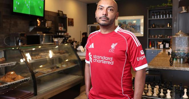 THOUSAND OAKS, CA, OCTOBER 2, 2025: Carlos Soto is photographed at Historia Bakery in Thousand Oaks, that he runs with his wife, on Thursday, October 2, 2025. Soto was told by UPS that he had to pay a more than $100 tariff to obtain a package containing a Liverpool jersey he ordered from the UK. He sent back the jersey. (Christina House / Los Angeles Times)