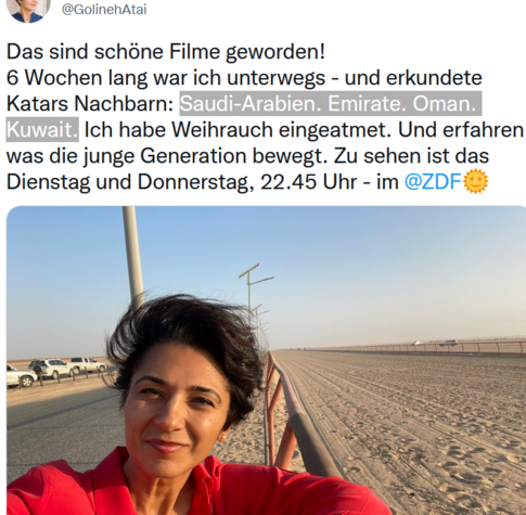 Das sind schöne Filme geworden!
6 Wochen lang war ich unterwegs - und erkundete Katars Nachbarn: Saudi-Arabien. Emirate. Oman. Kuwait. Ich habe Weihrauch eingeatmet. Und erfahren, was die junge Generation bewegt. Zu sehen ist das Dienstag und Donnerstag, 22.45 Uhr - im @ZDF