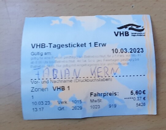 Foto einer VHB Tageskarte für die Zone 1