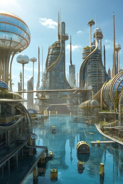 Dieses Bild schuf die Leonardo.KI zum Thema Solarpunk-Stadt mit Wasser. Zu sehen sind Wohntürme und schmale, fast schwebende Blasen aus Glas, die sich über einer Wasserlandschaft erheben. Offensichtlich haben sich die Stadtmenschen aus überhitzenden Landschaften in neue Städte geflüchtet, in denen das Wasser und die Solarkraft ein Überleben auf hohem Niveau ermöglichen.