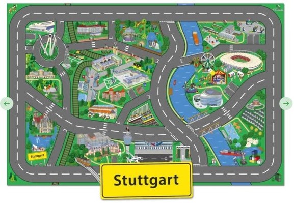Ein Stadtspielteppich der Stadt Stuttgart. Neben einer handvoll Sehenswürdigkeiten stehen vorallem dicke, große Straße im Vordergrund. 
