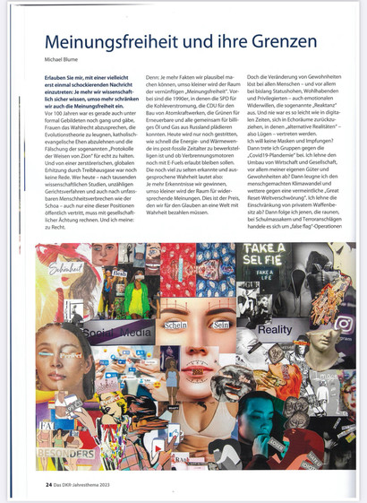 Screenshot von Seite 1 des Artikels „Meinungsfreiheit und ihre Grenzen“ von Dr. Michael Blume im Magazin der Gesellschaften für christlich-jüdische Zusammenarbeit. Unter dem Text leuchtet eine Collage aus Fotoschnipseln rund um die Netzkultur mit einer ernsthaft schauenden Frau in der Mitte.