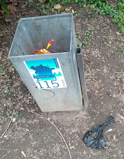 Hundekackbeutel liegt auf Boden 30cm neben öffentlichem Mülleimer.