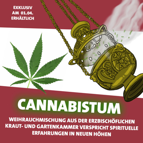Bild Weihrauchfass mit Cannabisblatt und Text "Neue Weihrauchmischung CANBABISTUM verspricht spirituelle Erfahrungen in neuen Höhen".