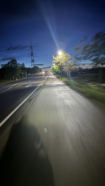 Eine nächtliche Straßenszene mit einer beleuchteten Straßenlaterne, bewegungsunscharfen Bäumen und einer sich in die Ferne erstreckenden Straße unter einem dämmrigen blauen Himmel.