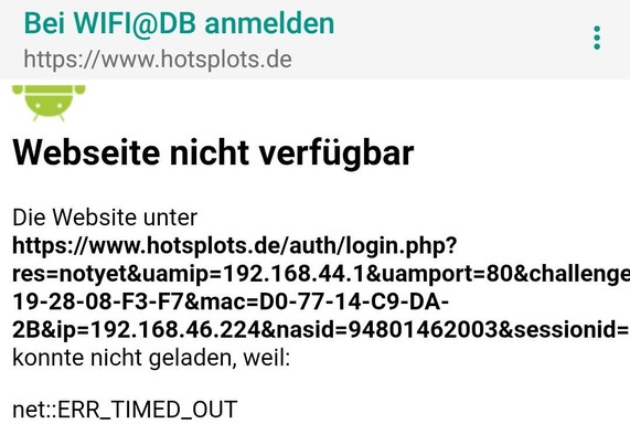 Anmeldung bei WiFi@DB: Timeout von Hotsplots.