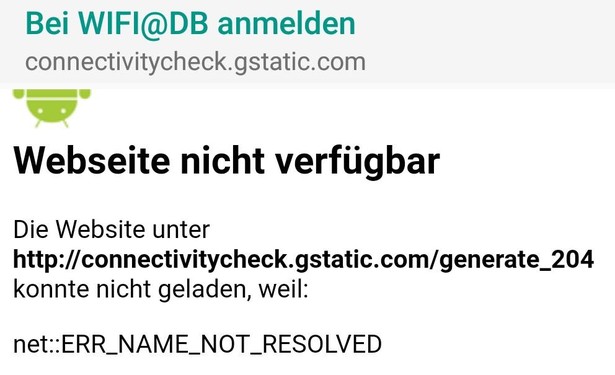 Anmeldung bei WiFi@DB: DNS-Fehler beim Connectivitycheck.