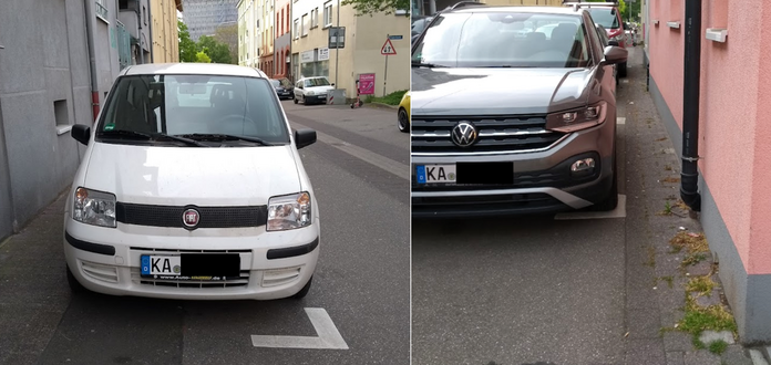 Nahaufnahme zweier parkender PKW - korrekt innerhalb der Parkmarkierungen, keine 30 cm Restgehwegbreite bis Hauswand.