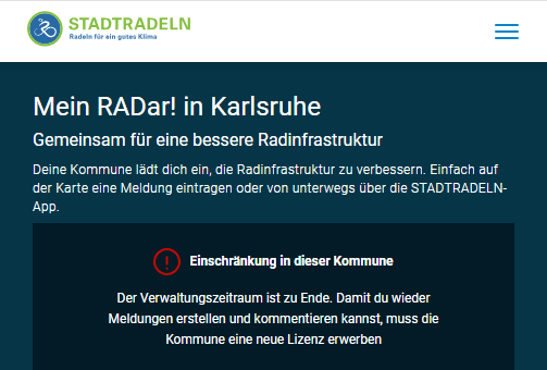 Fehlermeldung von RADar! wg. abgelaufener Lizenz der Stadt Karlsruhe.