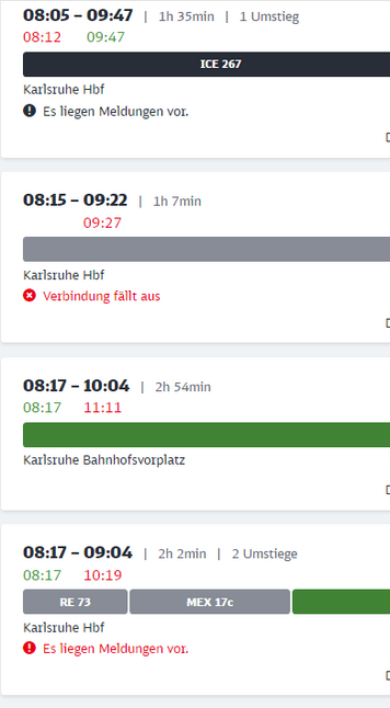 Screenshot Bahnauskunft Karlsruhe - Heilbronn mit vier Verbindungen gegen 8:15, davon drei mit über 90 min Verspätung (bei Normalfahrzeit um eine Stunde) und ein Totalausfall.