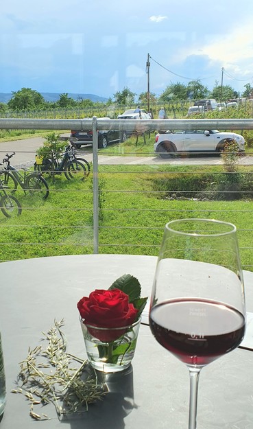 Im Vordergrund ein Tisch mit kleiner Vase mit roter Rose + ein Glas Rotwein  vor Wiese und Bergen unter dunklen Wolken 