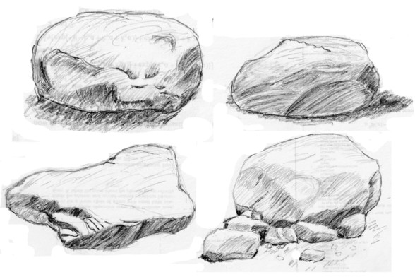 Verschieden Zeichnungen von Steinen mit Bleistift.