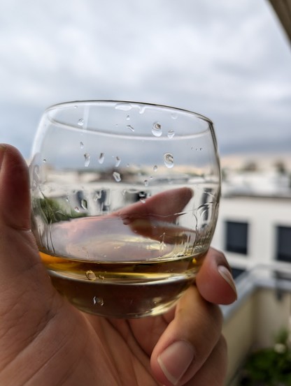 Ein erhobenes Glas Whisky vor einem Himmel voller Regenwolken 