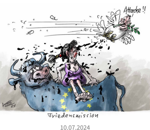 Friedensmission

Europa sitzt auf dem Stier und wird von einer Taube, die 