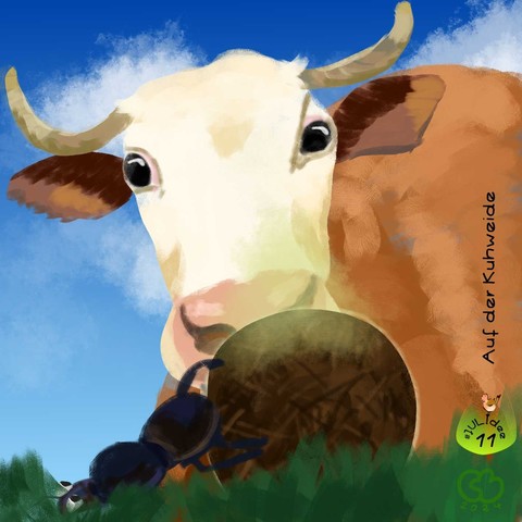 Digitale Zeichnung. Man sieht den Kopf einer weiß-braunen Kuh knapp über dem Boden. Direkt davor ein Mistkäfer, der eine Kugel vor der Kuh rollt. Beide blicken sich an.