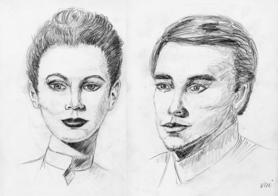 Zwei Bleistiftzeichnungen von zwei Portraits aus einem Lehrbuch. Erste Versuche.