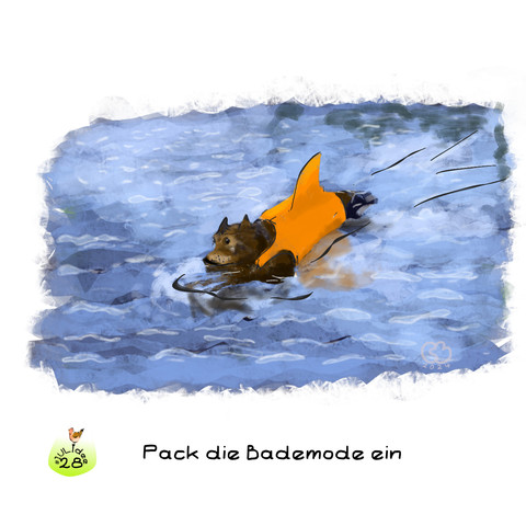 Digitale Zeichnung. Im Wasser schwimmt ein Hund. Dieser trägt eine orangene Schwimmweste, die auf dem Rücken eine Art Haifischflosse hat.