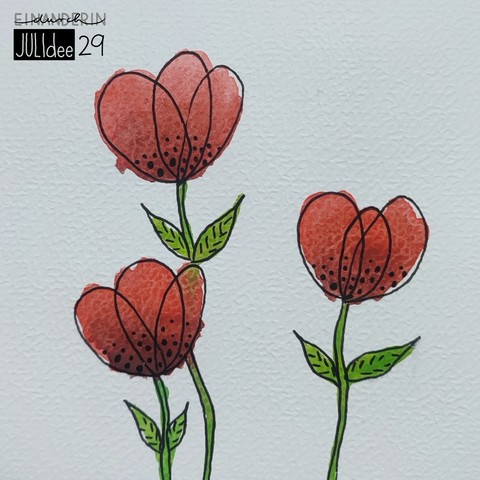 Handgemaltes Bild von drei roten Mohnblumen (Aquarell und schwarzer Fineliner).

Hand painted picture of three red poppies (watercolor and black fineliner).