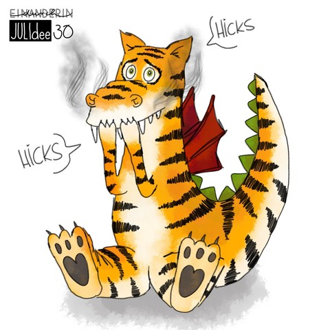 Digitale Zeichnung: ein sitzender Drache mit orange-schwarz-weißem Tigermuster, der sich die Vorderpfoten vor das Maul hält, weil er Schluckauf hat. Sprechblasen mit 