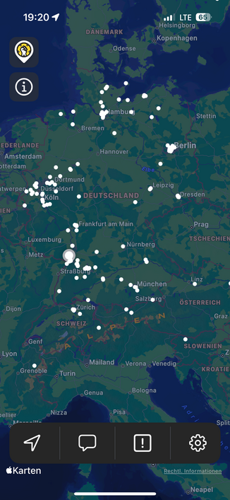Karte von Mitteleuropa mit weißen Markierungen, die über verschiedene Städte verteilt sind. Oben links werden die Zeit 19:20 und das LTE-Signal angezeigt.