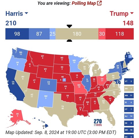 Grafik zu den Umfrageergebnissen des Instituts „Polling Map“. Trump verliert hier seine wichtigsten Staaten: Texas und Florida.