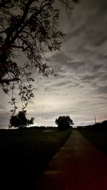 Eine nächtliche Landschaft mit einem Weg, der sich durch ein Feld schlängelt. Dunkle Wolken füllen den Himmel, beleuchtet von einem sanften Glühen in der Ferne. Silhouettenbäume sind auf beiden Seiten des Weges sichtbar, was die ruhige, aber unheimliche Atmosphäre verstärkt.