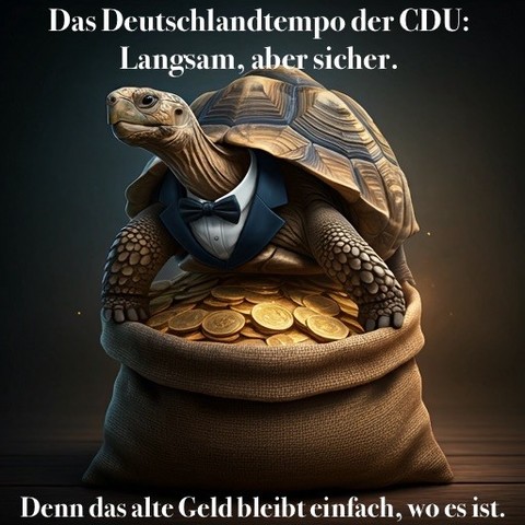 Broooooooooo, diese Schildkröte im Anzug, ALTER, sitzt einfach auf nem Berg von Gold, voll am Flexen, wie der Boss vom Boss! Oben haut rein: ‘Das Deutschlandtempo der CDU: Langsam, aber sicher.’ Unten dann der absolute Money-Mic-Drop: ‘Denn das alte Geld bleibt einfach, wo es ist.’ – Ey Bro, richtig slow-mo, aber Hauptsache der Cash bleibt locked, für immer, Digga! Geld moves nowhere, Brooooooo!