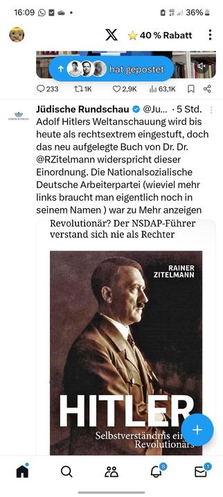 Adolf Hitlers Weltanschauung wird bis heute als rechtsextrem eingestuft, doch das neu aufgelegte Buch von Dr. Dr. @RZitelmann widerspricht dieser Einordnung. Die Nationalsozialische Deutsche Arbeiterpartei (wieviel mehr links braucht man eigentlich noch in seinem Namen ) war zu Beginn eine linke Prekariatsbewegung und ein Sammelbecken besonders gegen Juden neiderfüllter und häufig gescheiterter Lebensverläufe. Das haben auch die JR und ihr Herausgeber @DrKorenz schon in der Vergangenheit in klarer Übereinstimmung zu Dr. Dr. Zitelmann festgehalten. 

juedischerundschau.de/article.2024-1…

In „Hitler. Selbstverständnis eines Revolutionärs“ zeigt Zitelmann
überzeugend, dass #Hitler sich nicht als Rechter verstand, sondern als antikapitalistischer Revolutionär, der Konservative verachtete. Diese akribische Analyse von Hitlers Reden und Schriften bietet sachlogische und gut nachvollziehbare Einsichten in die Denkweise des NS-Diktators
