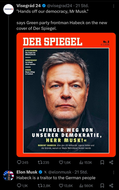 Spiegel-Titelcover, auf dem Vizekanzler Habeck Elon Musk aufruft, seine Hände von unserer Demokratie zu lassen.