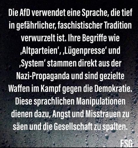 Die AfD verwendet eine Sprache, die tief in gefahrlicher, faschistischer Tradition verwurzelt ist. Ihre Begriffe wie Altparteien’, Lügenpresse’ und System' stammen direkt aus der Nazi-Propaganda und sind gezielte Waffen im Kampf gegen die Demokratie. Diese sprachlichen Manipulationen dienen dazu Angst und Misstrauen zu säen und die Gesellschaft zu spalten.
