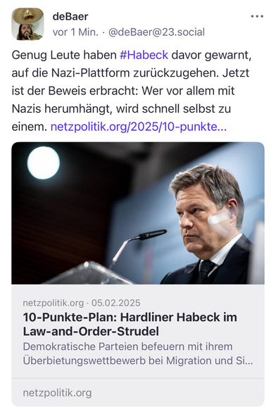 Mastodon-Post, in dem auch dem grünen Spitzenkandidaten Robert Habeck vorgeworfen wird, „Nazi“ zu werden.