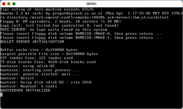 qemu screen showing the initial amoeba boot messages