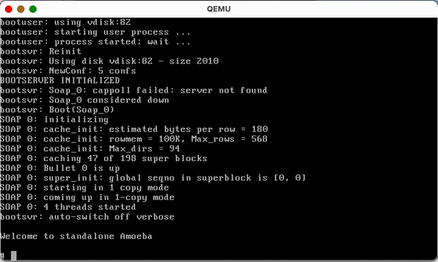 Amoeba is booted and shows a shell prompt.