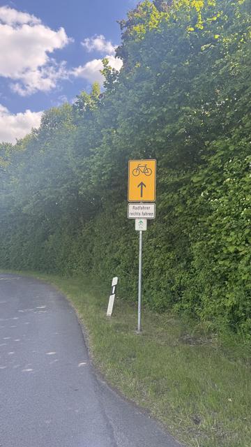 Ein gelbes Fahrradschild, das einen Radweg geradeaus anzeigt, begleitet von einem Schild in deutscher Sprache, das Radfahrern anweist, nach rechts zu fahren. Der Hintergrund zeigt üppig grünes Laub und einen teilweise bewölkten Himmel neben einer kurvenreichen Straße.