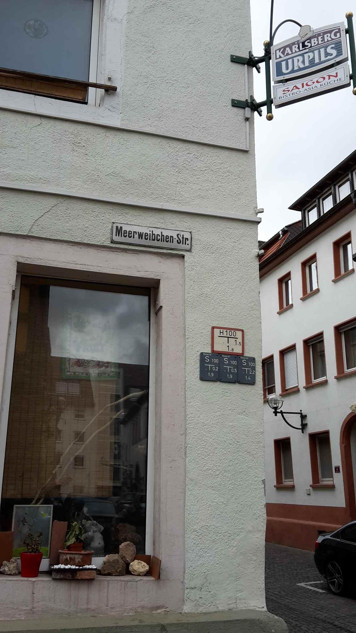 Strassenschild an einer Hausecke mit der Aufschrift "Meerweibchen-Str."
