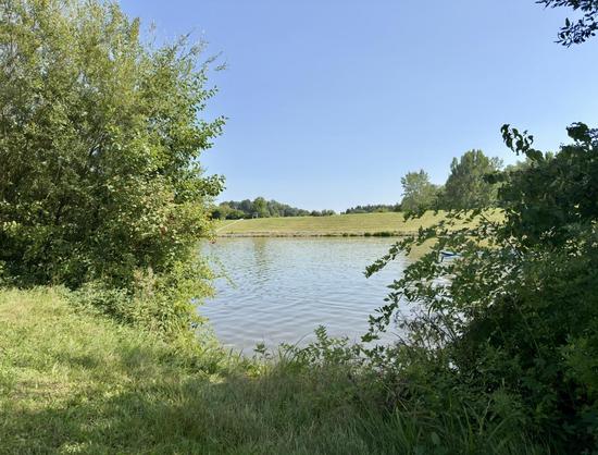 Blick auf einen Badesee mit blauem Himmel 