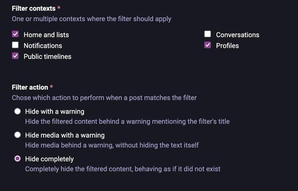 The image displays settings for content filtering on a social network, including options for filter contexts (e.g., Home and lists, Notifications, Public timelines) and actions to take when a post matches the filter (e.g., Hide with a warning, etc.)