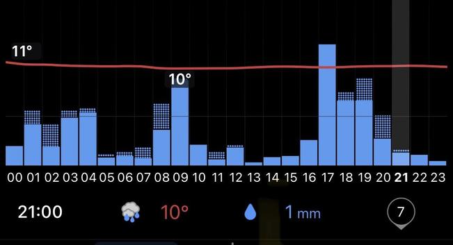 Ein Wettervorhersagediagramm mit stündlichen Temperaturen und Niederschlagswerten. Die Temperatur schwankt zwischen 10° und 11°, wobei die blauen Balken einen spürbaren Anstieg der Niederschläge zeigen. Die Daten decken die Stunden von Mitternacht bis 23:00 Uhr ab, was auf eine Regenvorhersage hinweist