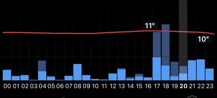 Ein Balkendiagramm, das Temperaturdaten über einen Zeitraum von 24 Stunden anzeigt, mit blauen Balken, die die Stundentemperaturen anzeigen, und einer roten Linie, die Durchschnittstemperaturen darstellt. Die höchste aufgezeichnete Temperatur beträgt 11°C und die niedrigste 10°C.